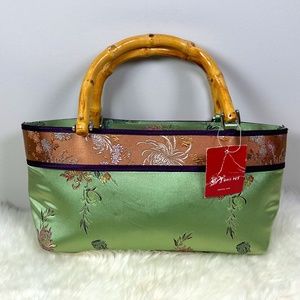 Women's Yans NY Green Satiny Asian Style Purse Bag with Bamboo Handles